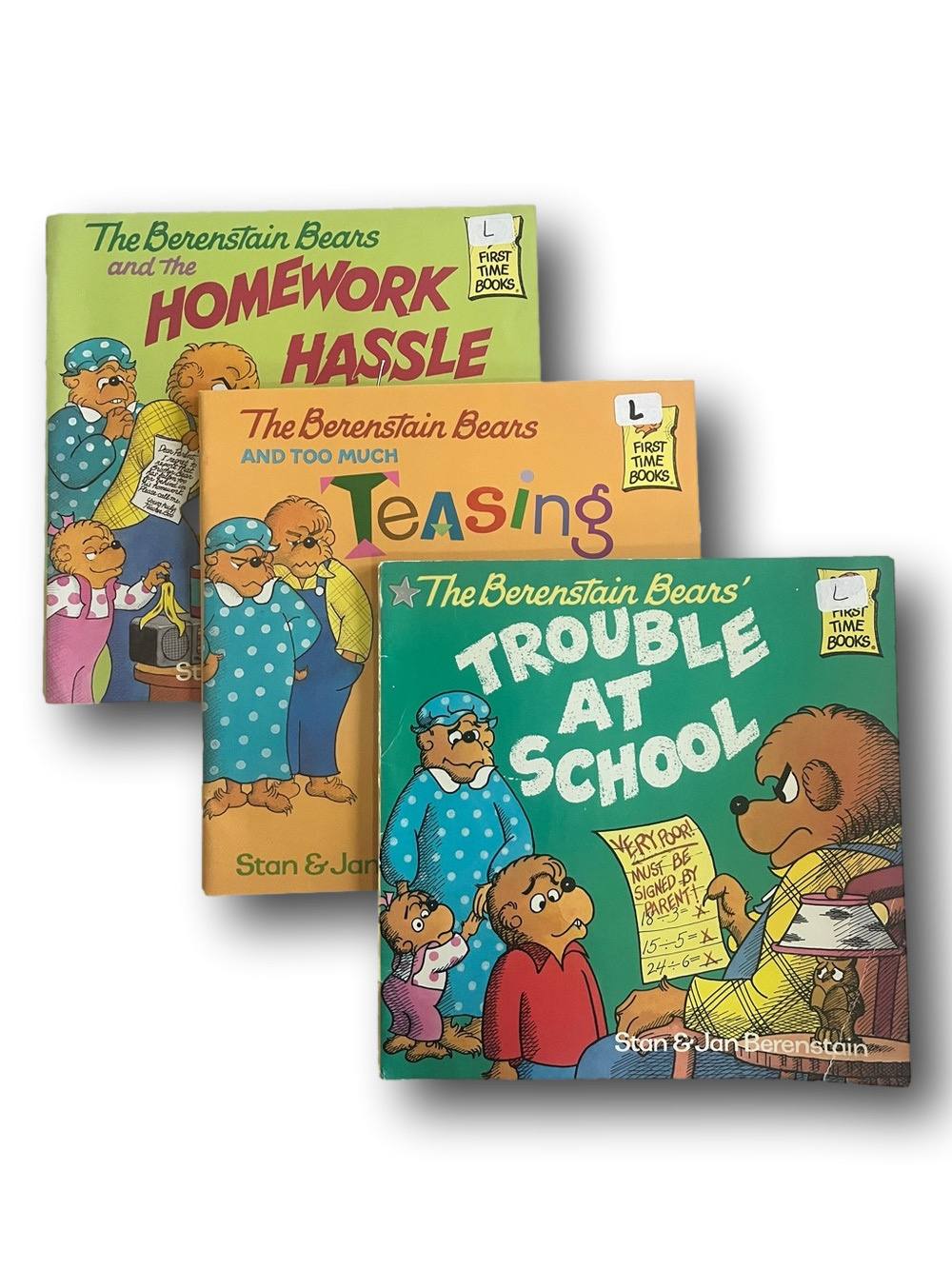 3 Berenstain Bears Books: Homework Hassle, Trouble at School, Too Much Teasing